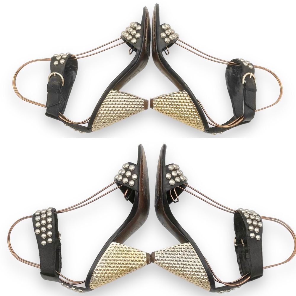 ASH Gold Studded Black Leather Ankle Cuff Heeled Strappy Sandals Size 38 | US 7 - Picture 12 of 16